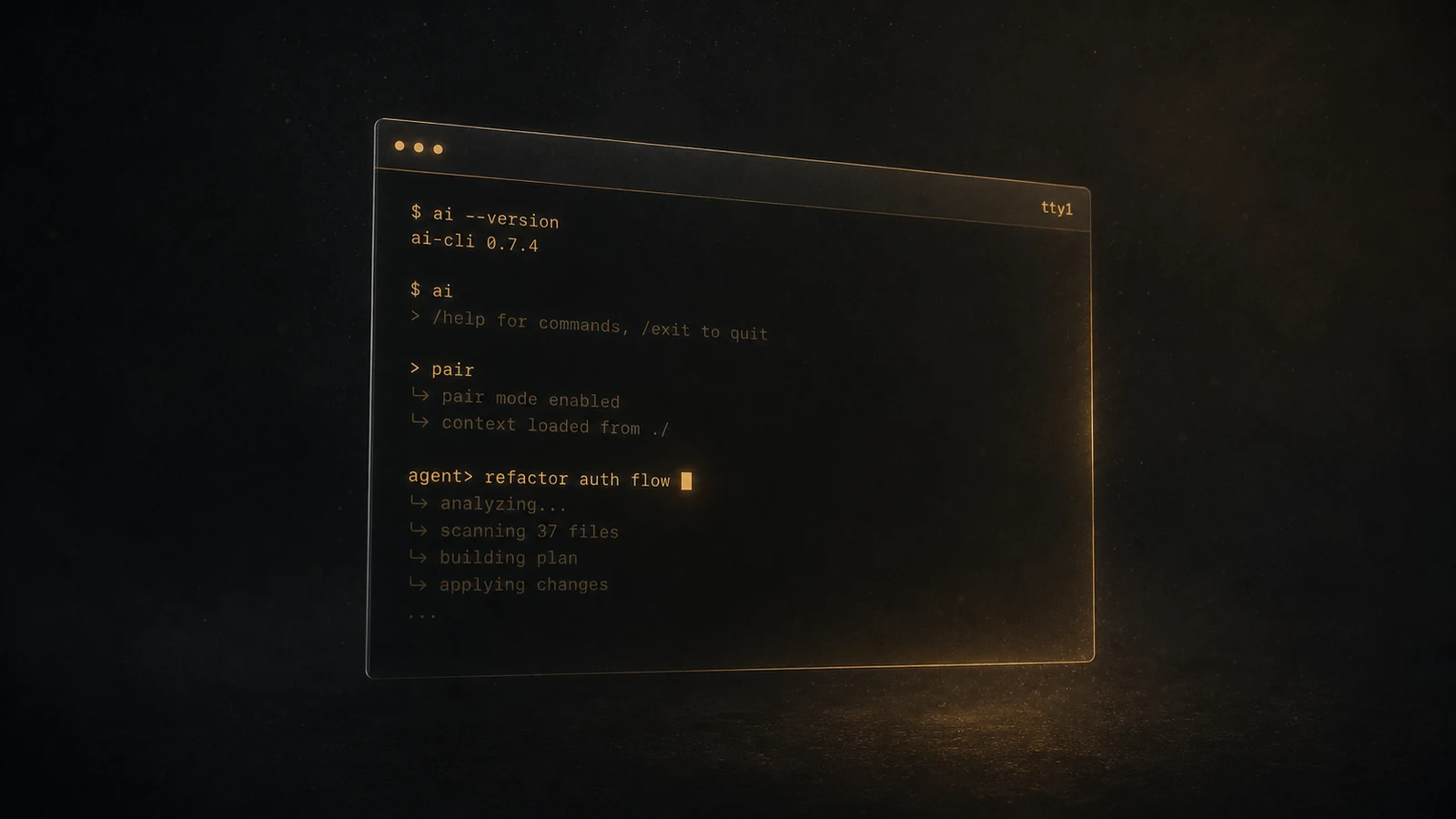 A glowing minimalist terminal window floating in dark space, monospace text suggesting a command-line AI pair-programming session.