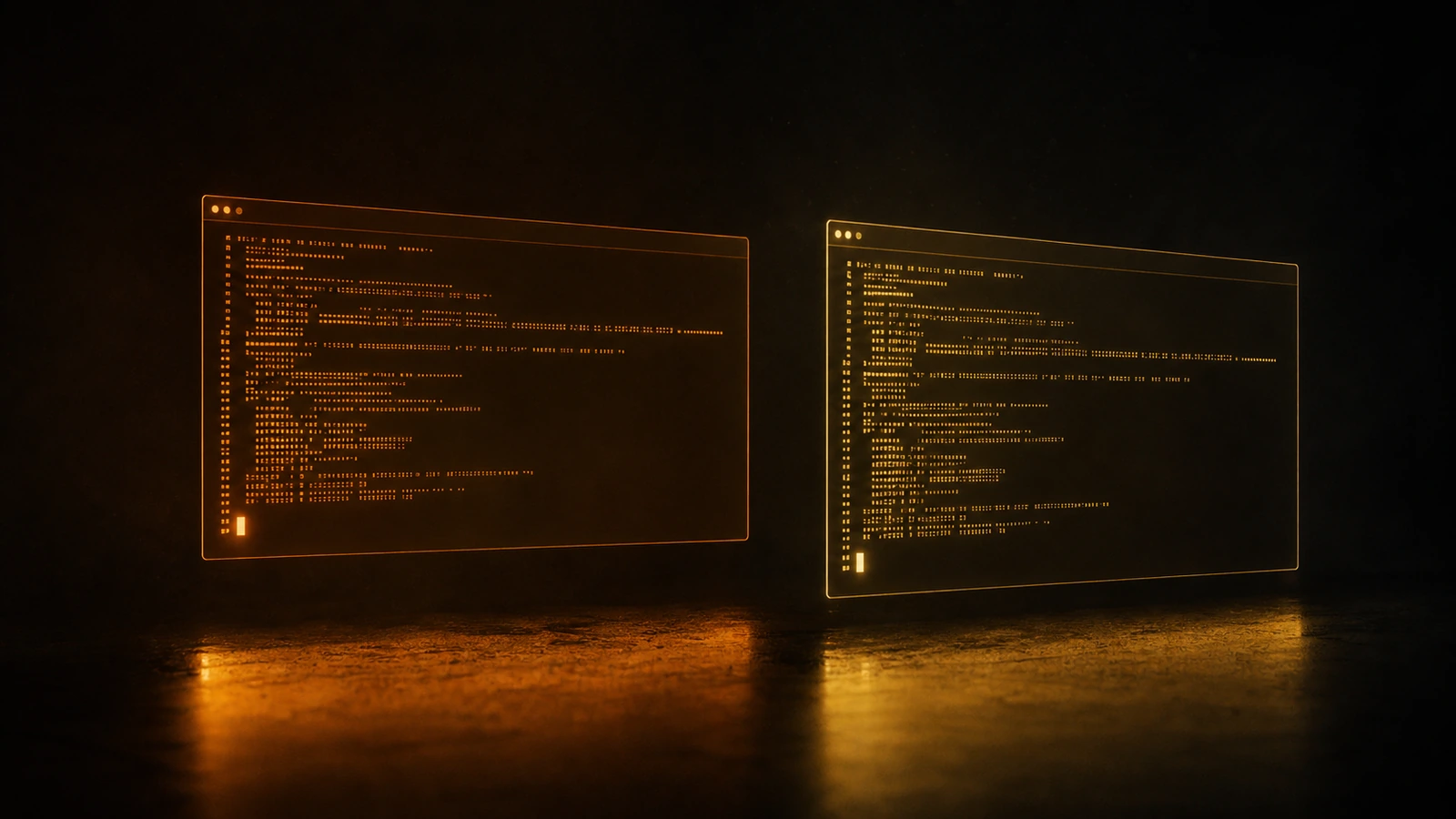 Two terminal windows floating side-by-side in dark space, one slightly warmer amber, one cooler amber — same warm family but distinct.