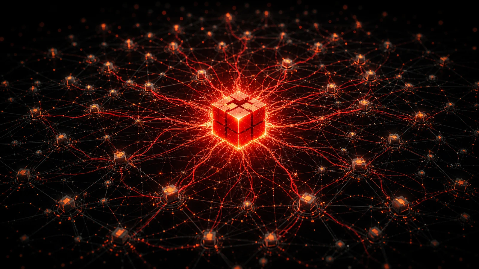 A glowing JavaScript package node with red infection threads radiating outward into a dark dependency graph, suggesting a single compromised package propagating across the npm ecosystem.