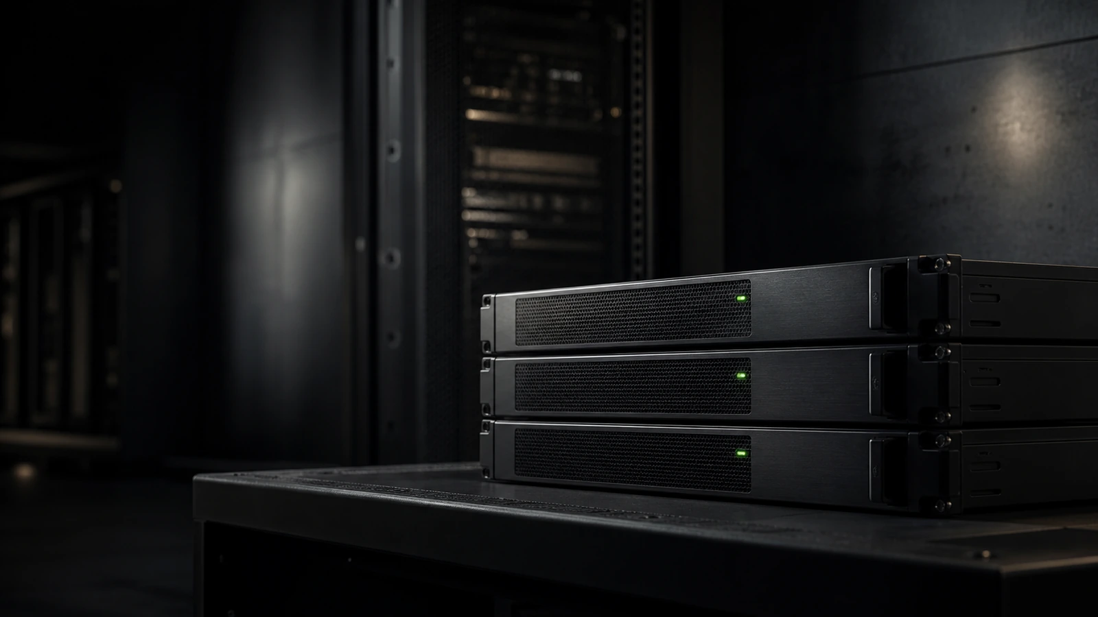 Three identical 1U rack servers stacked at three-quarter angle, each with a small green LED indicator, dim industrial backdrop.
