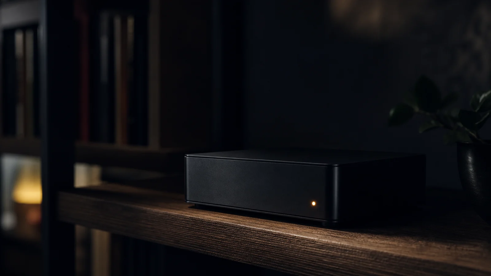 A small black fanless server on a dim wooden shelf with a single warm-amber pilot LED glowing, deep bokeh behind — homelab quiet-build editorial photo.