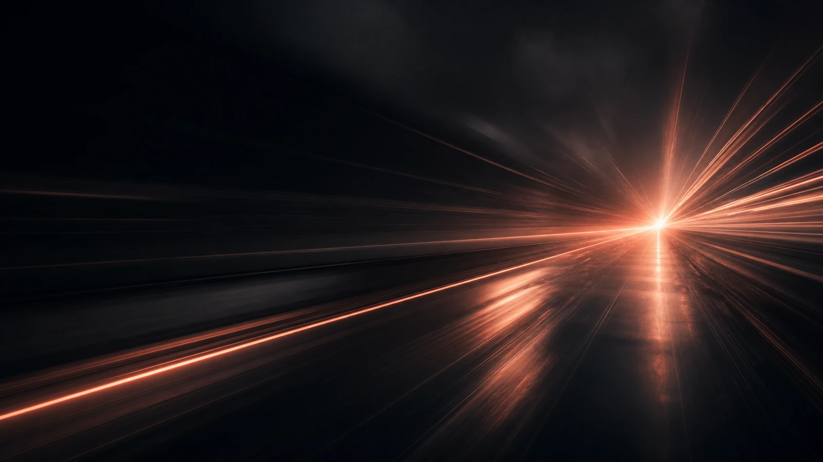 A speed-blurred motion-streak effect in dark space converging toward a single bright point, warm peach-coral accent — suggesting fast runtime.