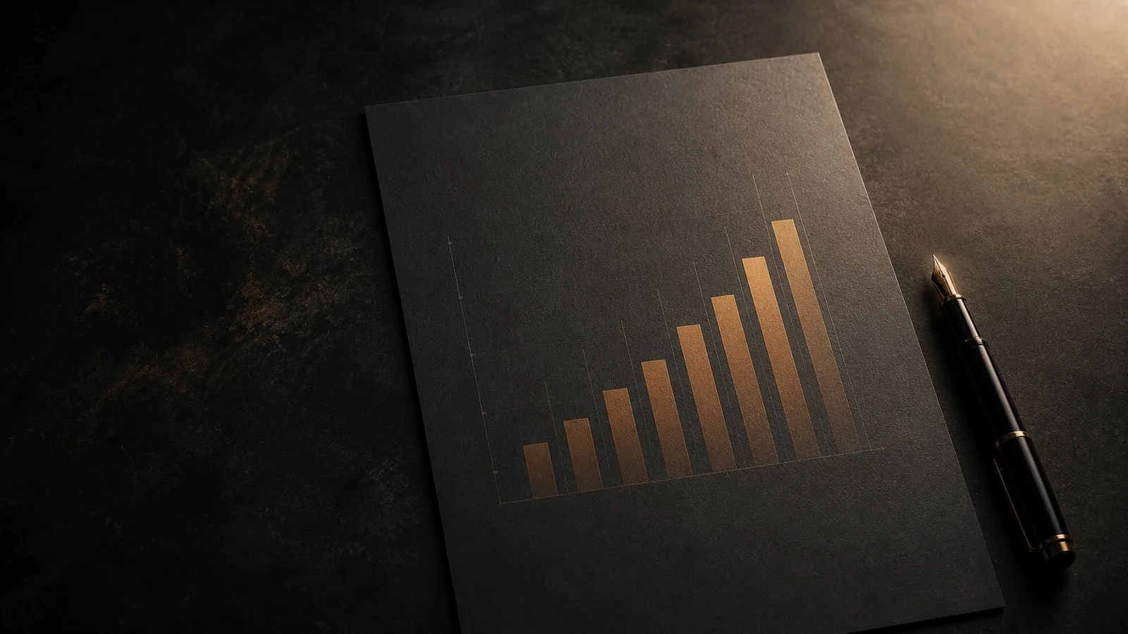 A single sheet of dark grey paper on a desk featuring minimalist warm-amber benchmark bar shapes, with a fountain pen alongside — editorial benchmark write-up still-life.