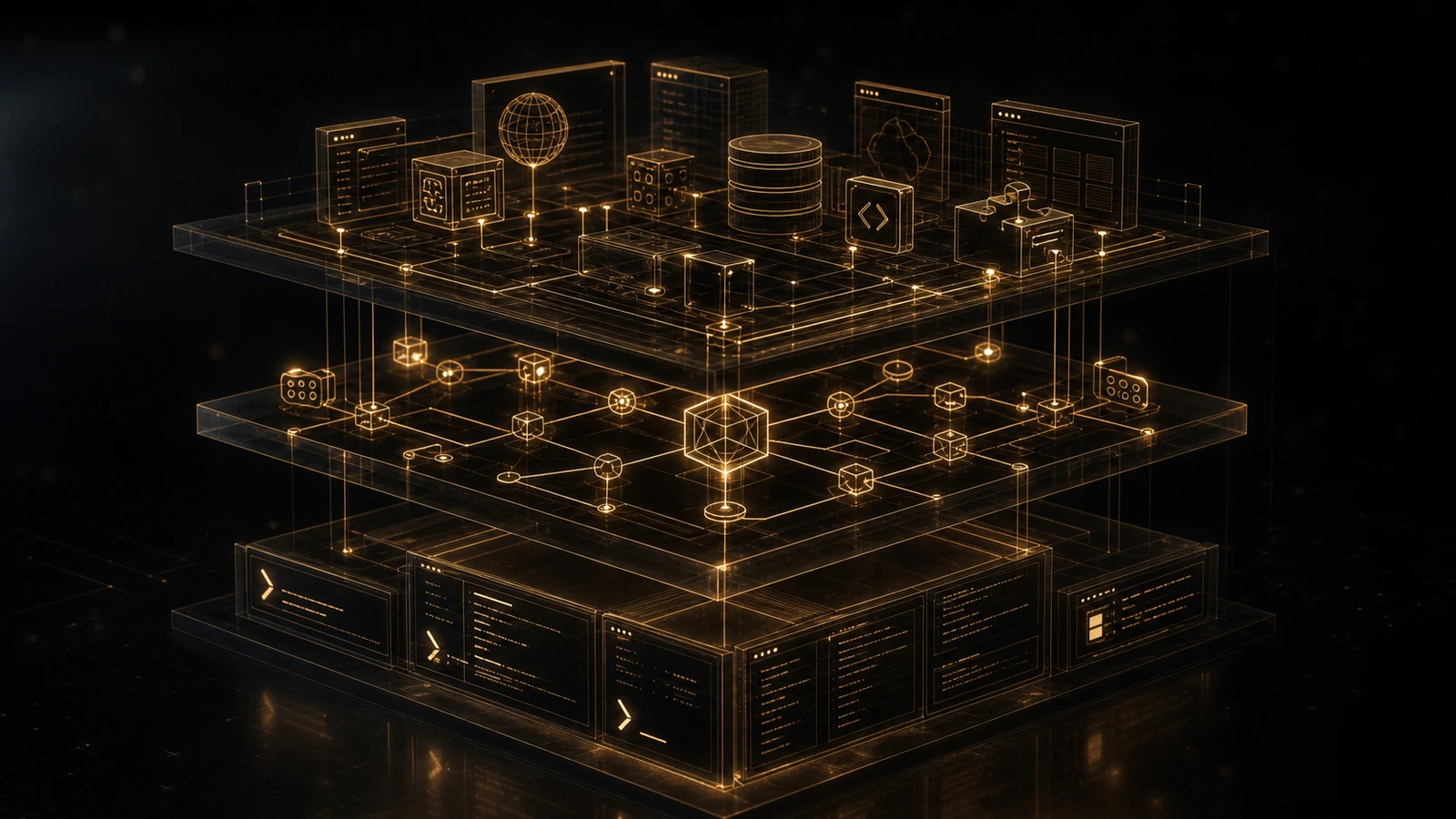Editorial illustration of a layered architectural cross-section — terminal layer, middle MCP layer of interconnected nodes, integrated tools above — rendered in warm amber wireframe.