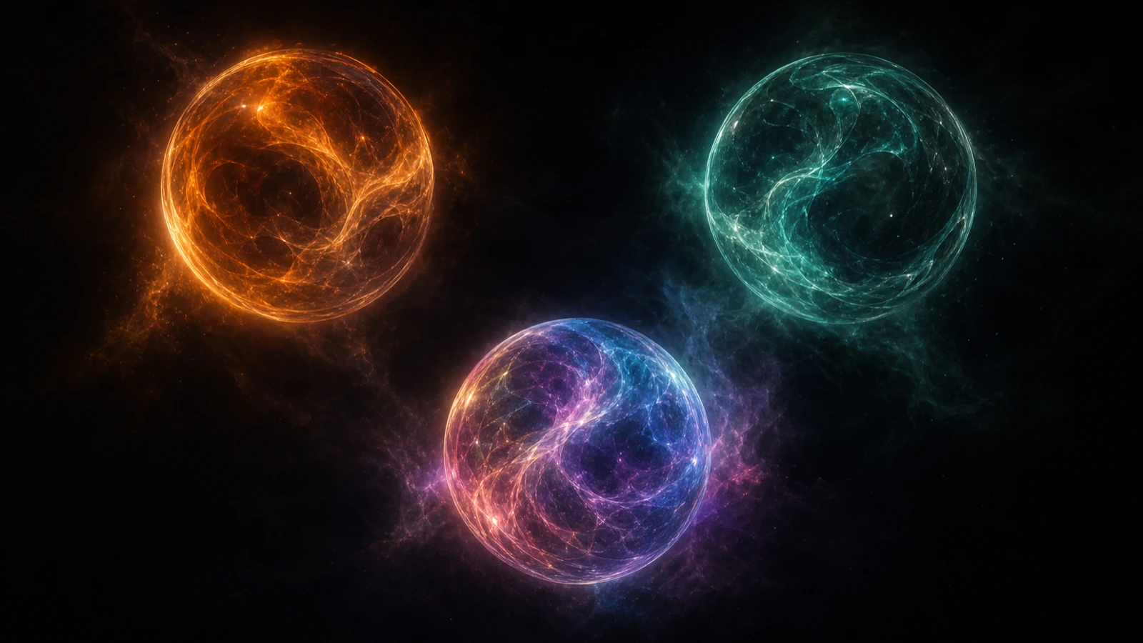 Three luminous abstract orbs in dark space in triangle composition — amber-orange (Claude), teal-green (OpenAI), iridescent multi-color (Gemini).