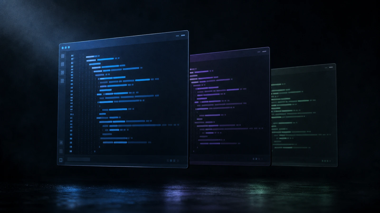 Three nearly-identical floating IDE editor panels arranged in staggered cascade, dimming from brightest to dimmest with slight colour cast differences — fork-of-fork lineage.