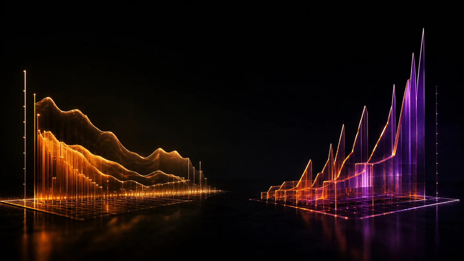 Two abstract pricing-graph visualizations side by side, dual warm-amber (Cloudflare) vs orange-purple (AWS Lambda), dark void background.