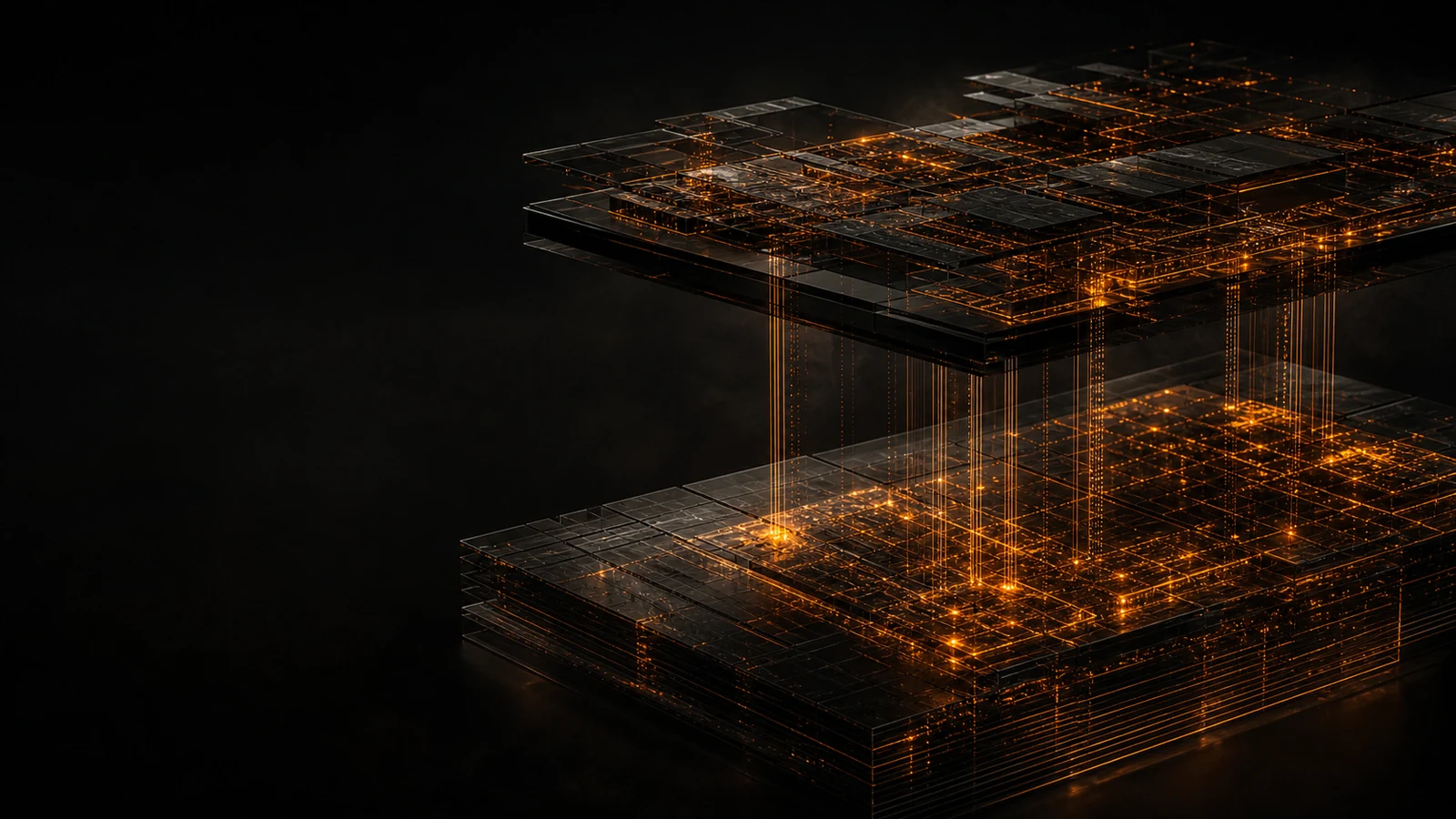 Abstract architectural cross-section showing a Workers compute layer above a D1 SQLite database layer, glowing amber wireframe in dark void.