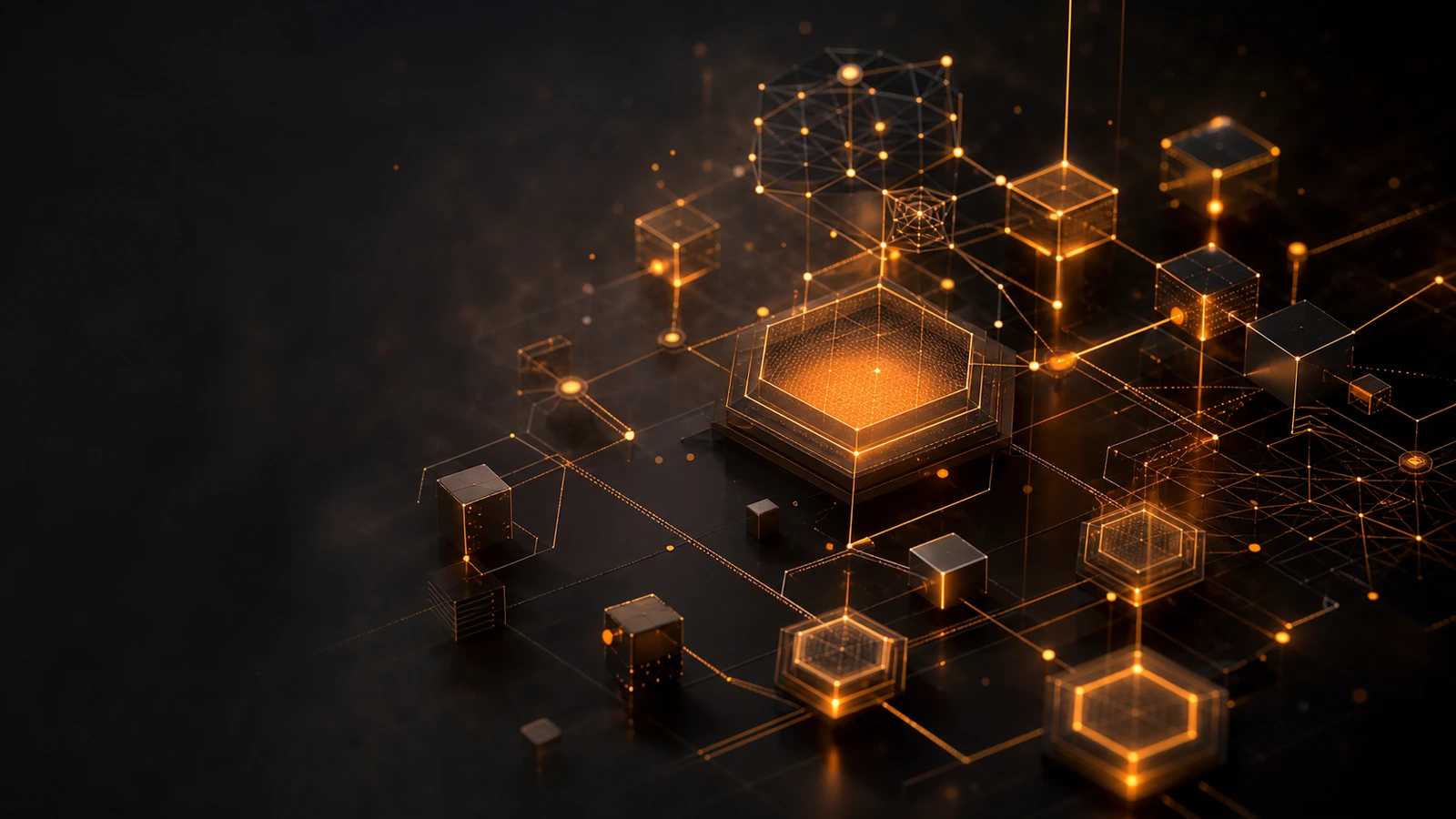 An abstract three-dimensional architecture of glowing amber-edged geometric nodes suspended in dark space, suggesting a unified serverless platform topology.