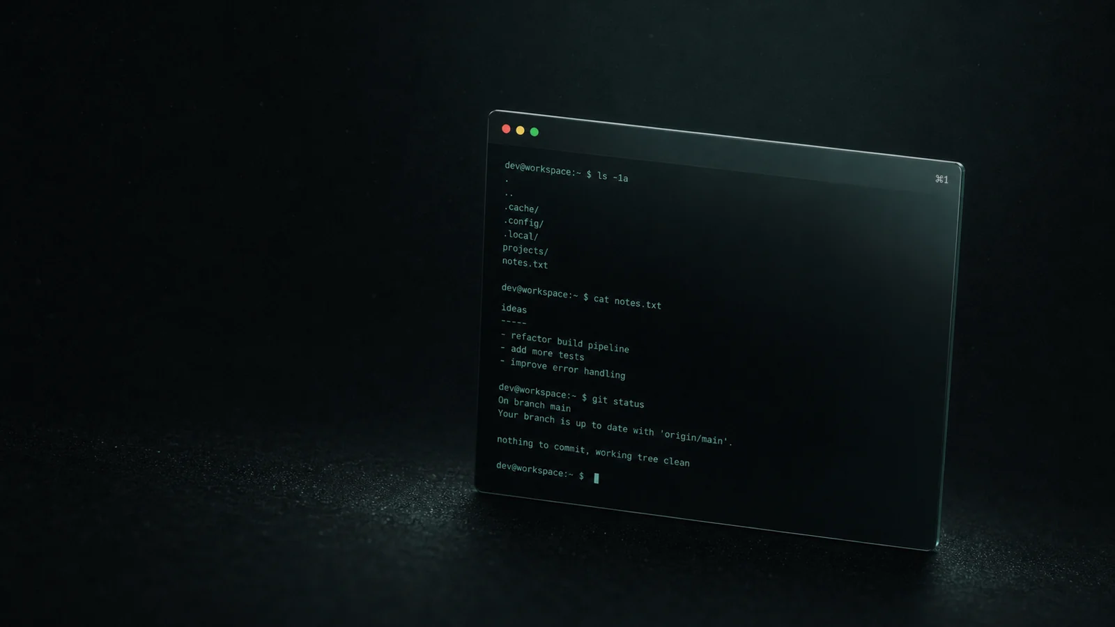 A dark terminal window in dark space with monospace command-line text glowing softly, subtle OpenAI-green undertone.
