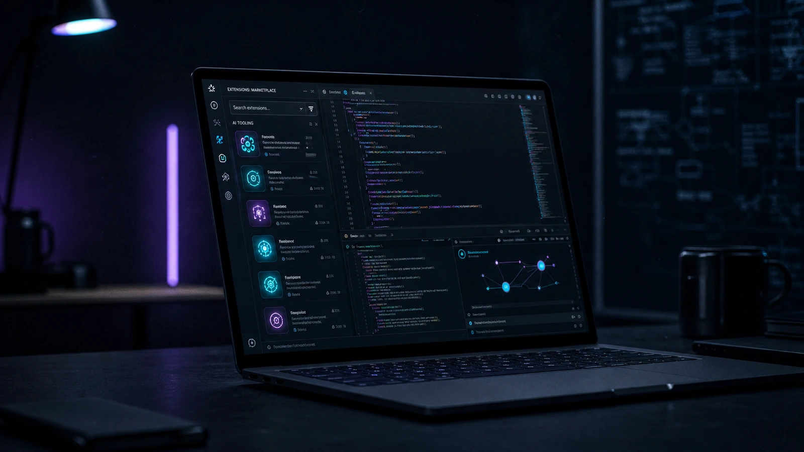 A dark laptop with a code editor displaying a prominent extension marketplace sidebar, abstract glowing cyan extensions visible — editorial scene.