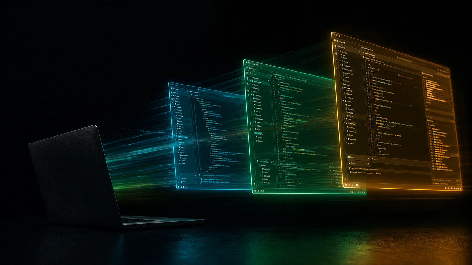 A dimmed Cursor laptop on the left with multiple bright glowing alternative IDEs fanning out to the right, each a different colour cast — migration / alternatives composition.