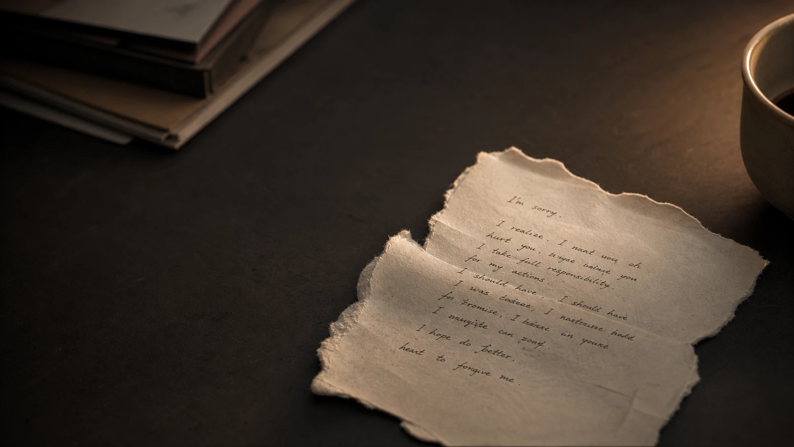 A torn paper apology letter on a dark desk under soft amber light, edge of a coffee cup visible — editorial newsroom feel.
