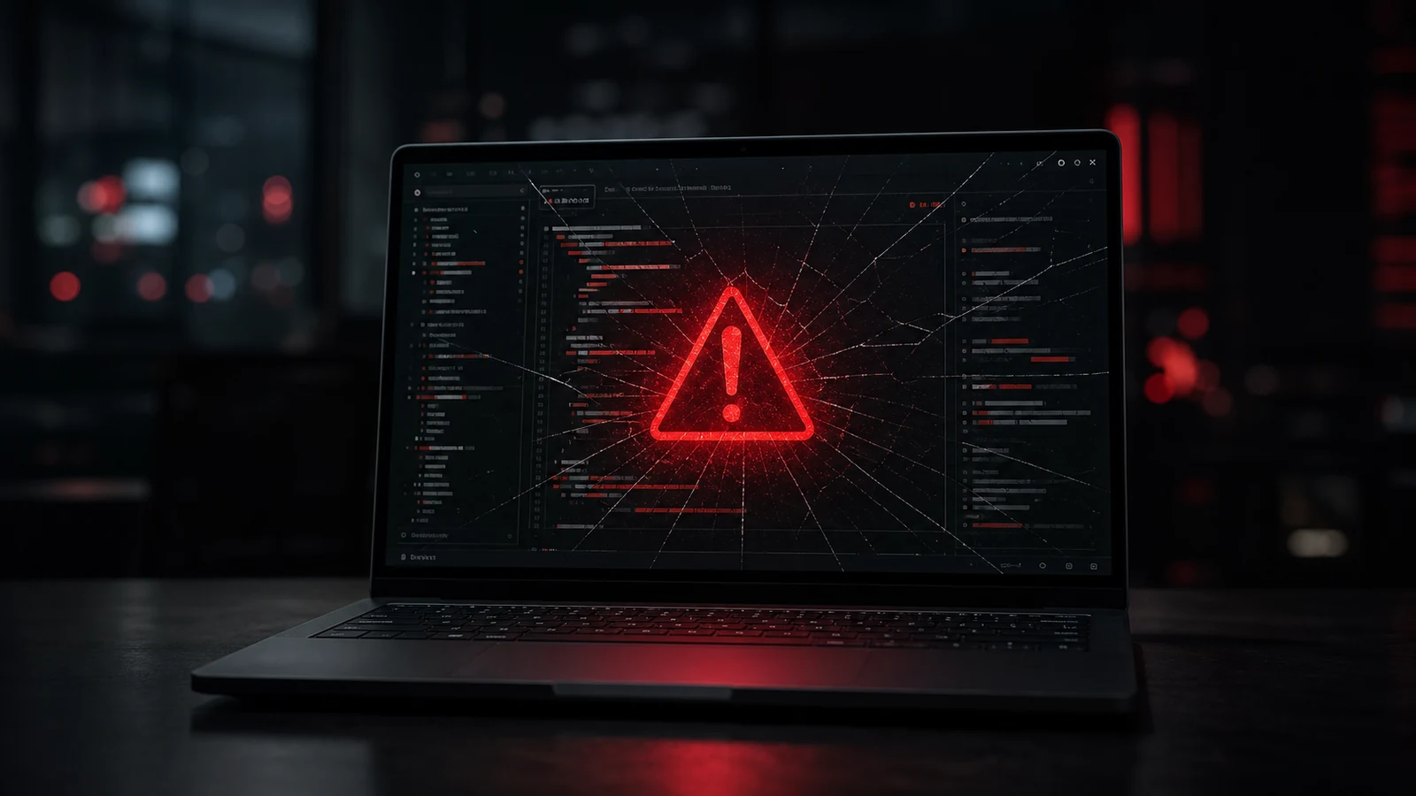 A dark laptop on a dark desk displaying an abstract code editor with a prominent red warning indicator and cracked-glass distortion — editorial gravity, sense of broken trust.