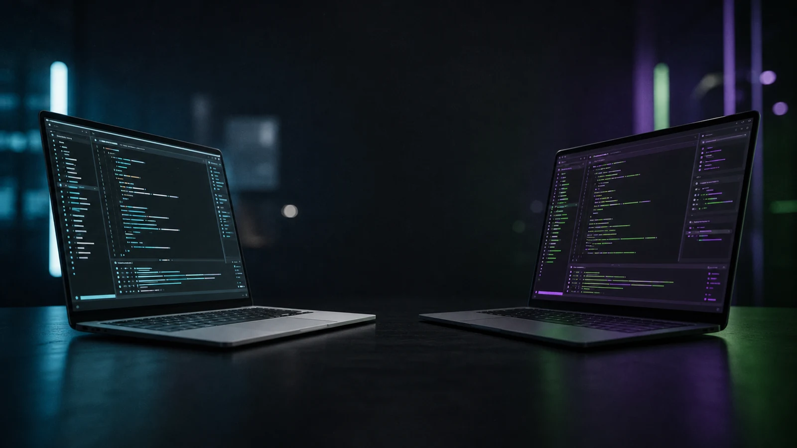 Two laptops at slight angles facing each other on a dark desk — left in cool cyan-silver (Cursor), right in green-purple (Copilot) — suggesting a head-to-head IDE comparison.
