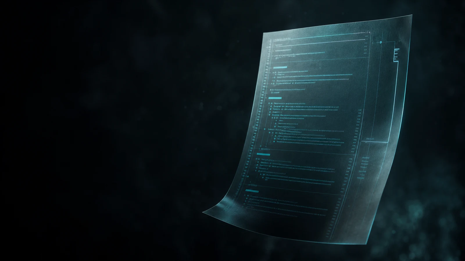 An abstract document floating in dark space with structured lines of glowing cyan code conventions visible as faint markings — editorial.