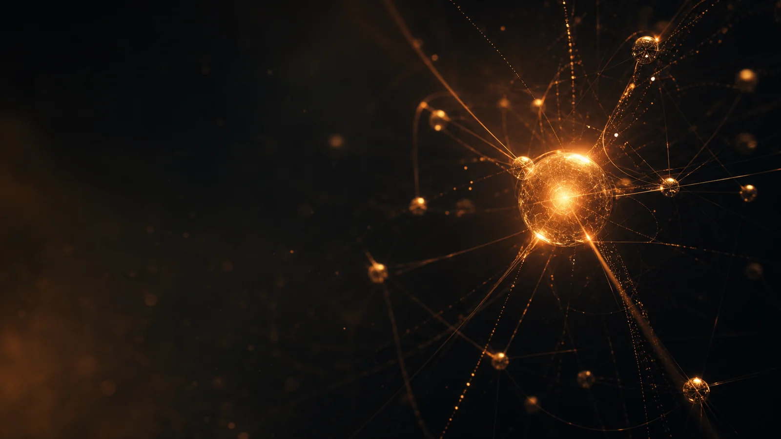 Abstract data-flow visualization — a central node with smaller mirror nodes radiating outward, all glowing amber, suspended in dark void.
