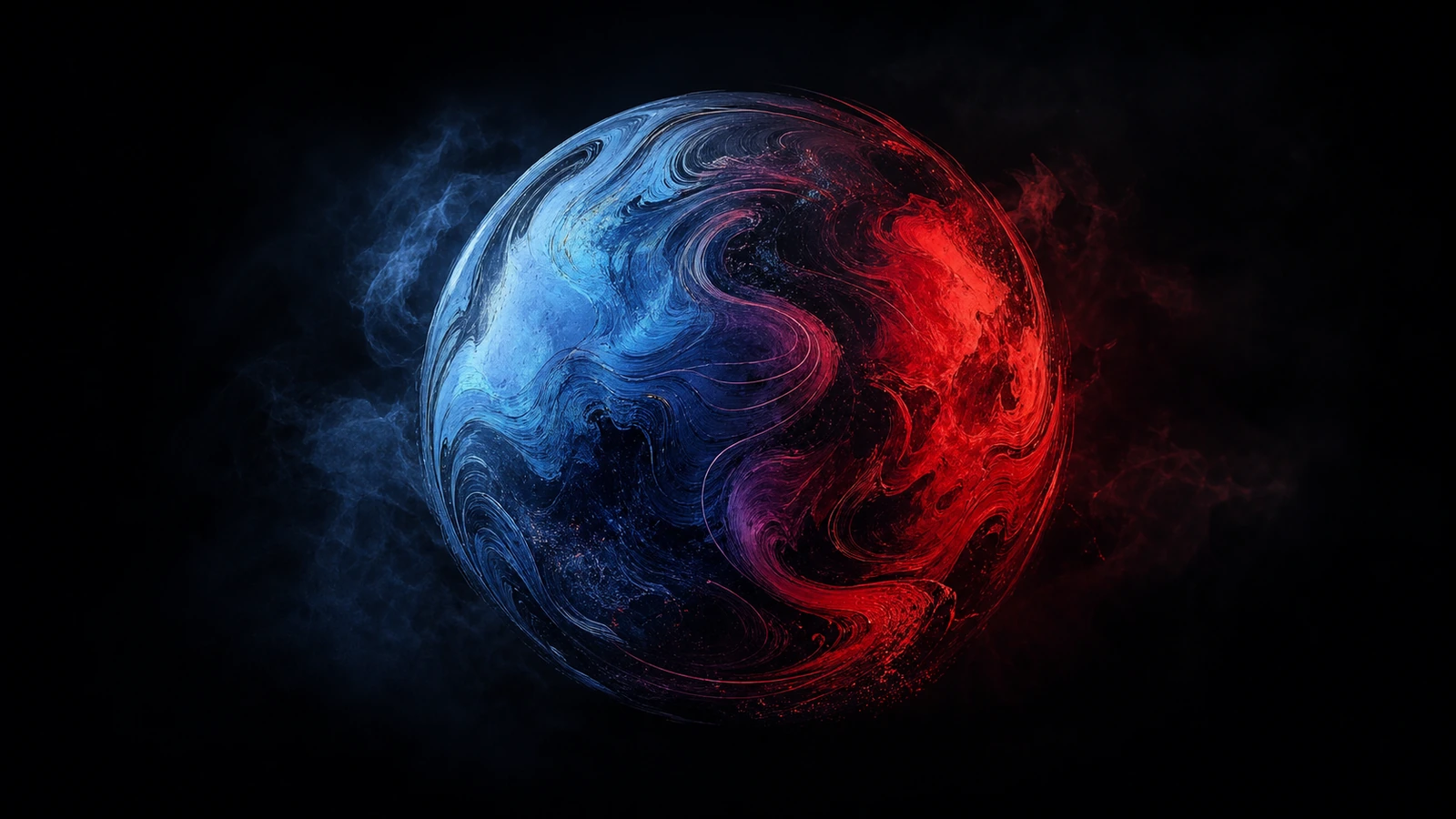 An abstract floating orb in dark space with mixed blue-and-red gradient surface, calligraphic feel, volumetric haze — editorial.