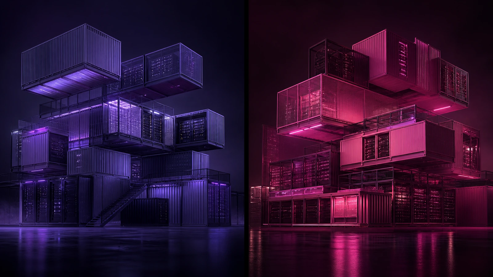 Two abstract data-centre compositions side by side — left in cool violet (Fly.io) with stacked container shapes, right in warm magenta (Railway), against dark space.
