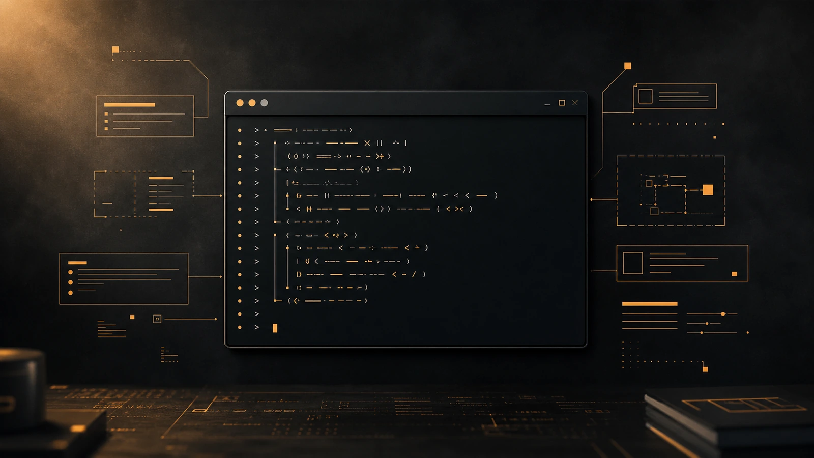 A dark terminal window with a blinking prompt cursor, surrounded by floating editorial annotation labels glowing in subtle warm amber — tutorial / first-week workflow feel.