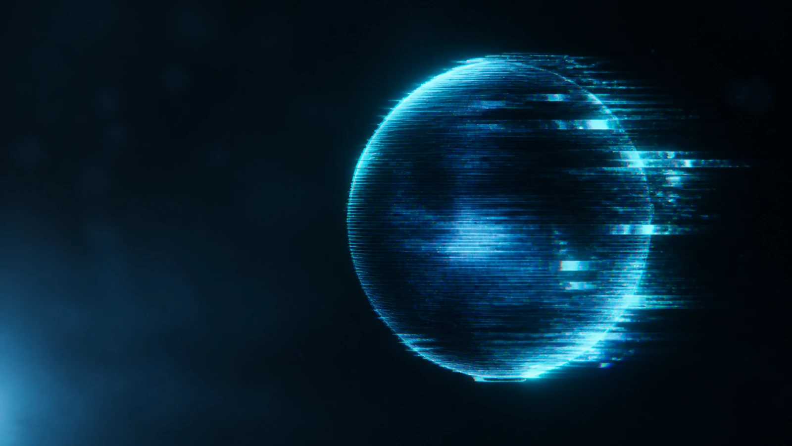 Distorted holographic sphere fragmenting at edges in dark space — sense of rumor, leak, anticipation.