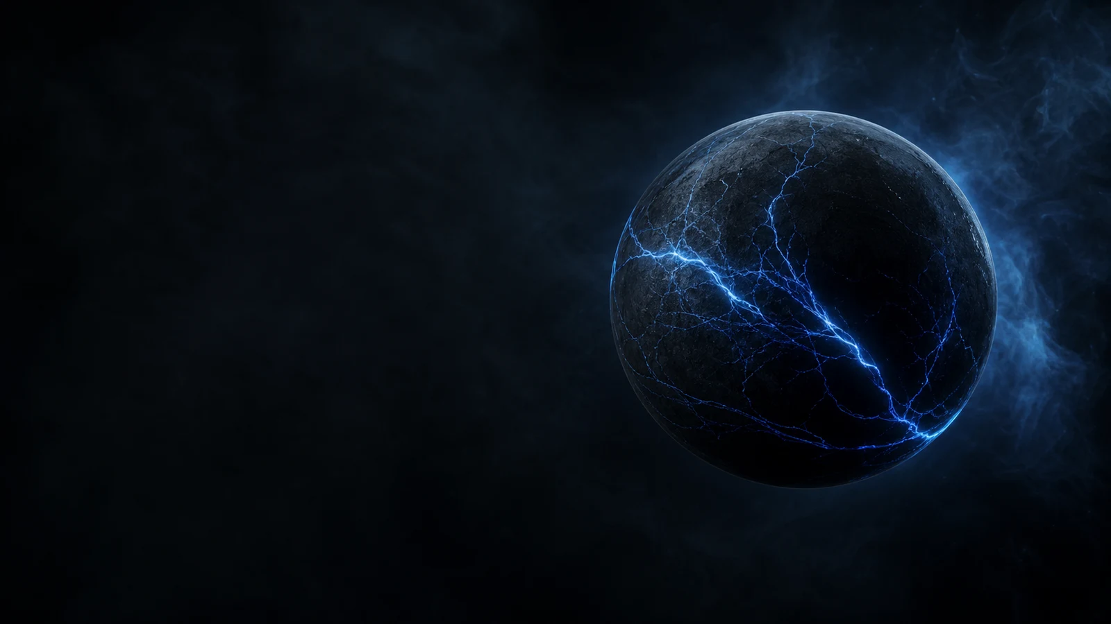 An abstract sphere in dark space with electric-blue lightning-like traces across its surface — suggestion of Grok / xAI branding.
