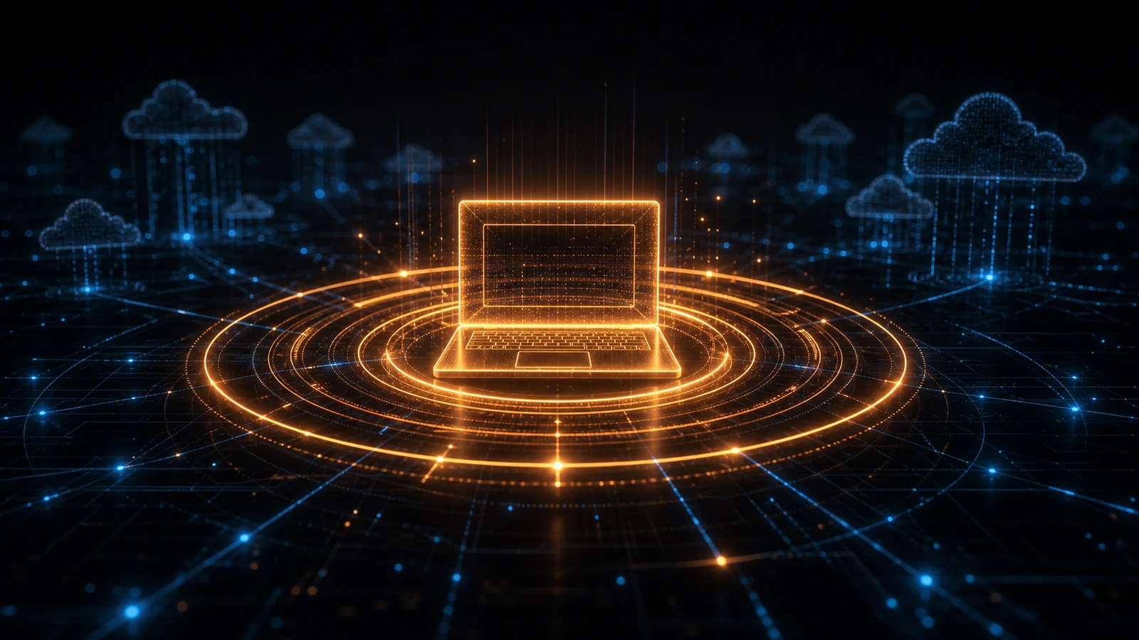 A glowing laptop-shaped node in dark space radiating self-contained processing rings, set against fading distant cloud-shaped silhouettes, suggesting local inference rising as hosted infrastructure recedes.