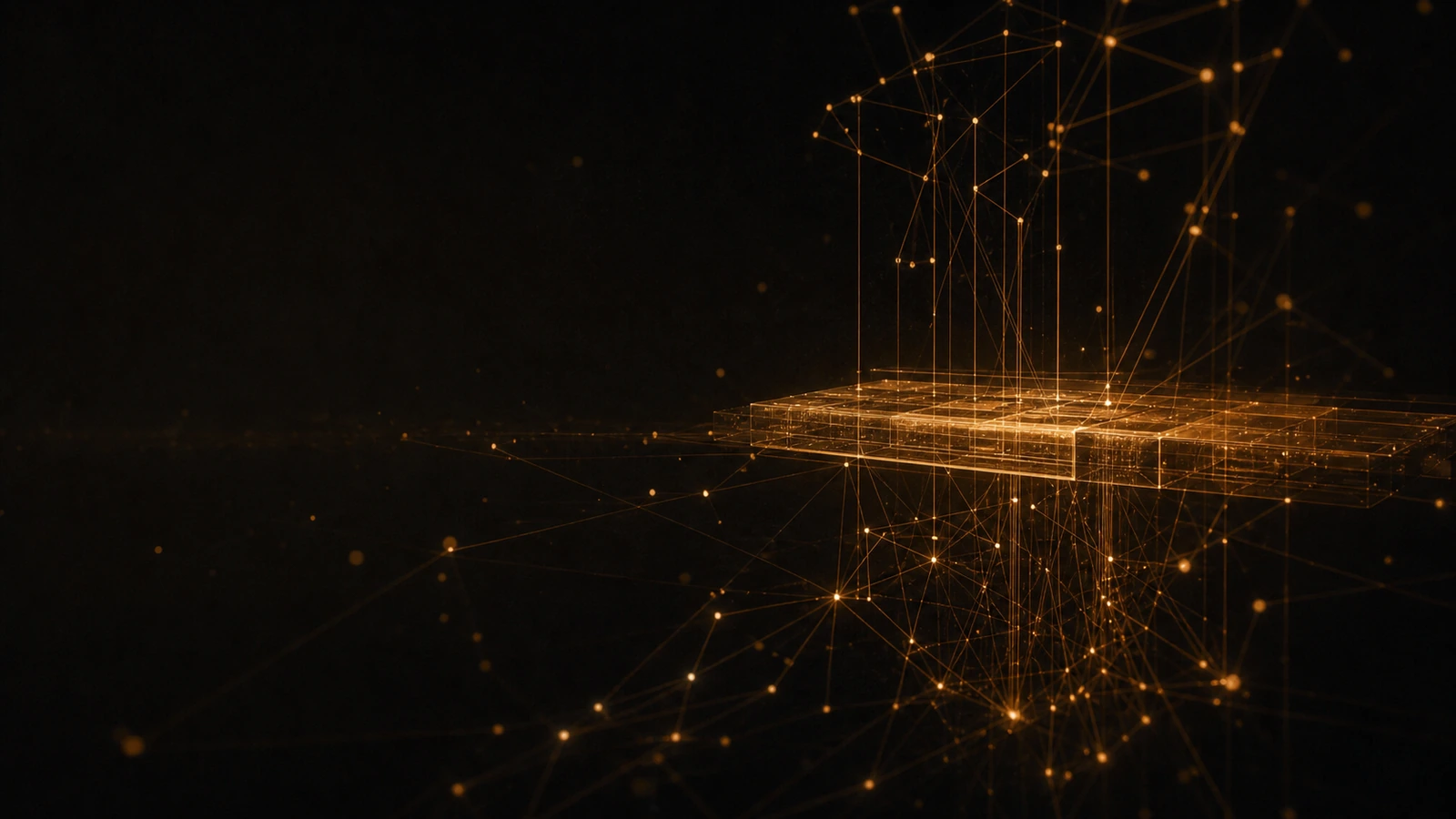 Abstract network diagram showing many small nodes connecting to a central protocol layer, all amber wireframe in dark void.