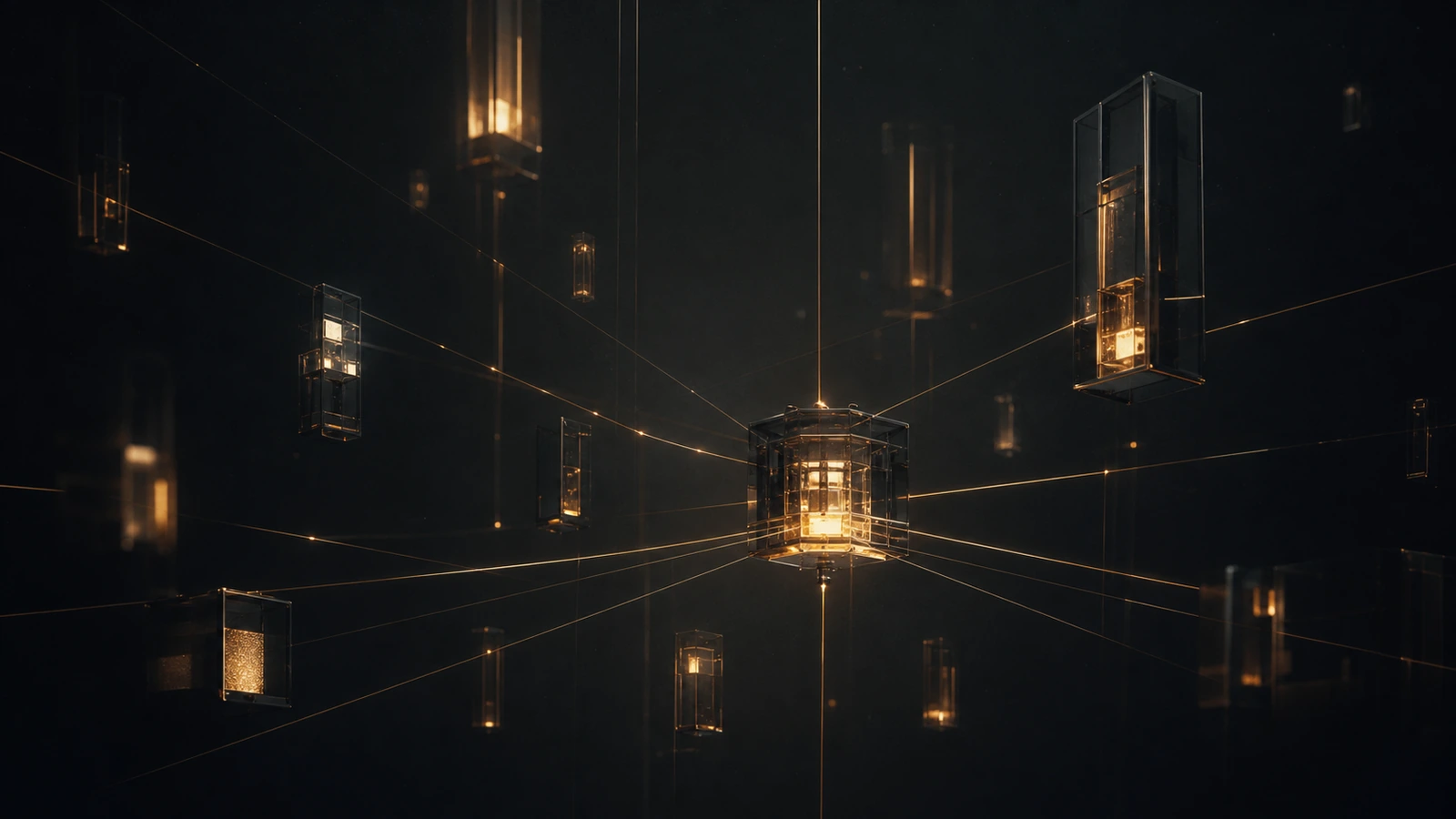 A central glowing node with thin amber connector lines radiating outward to smaller satellite nodes, suspended in dark void — editorial illustration of an MCP server hub with plug-in tools.