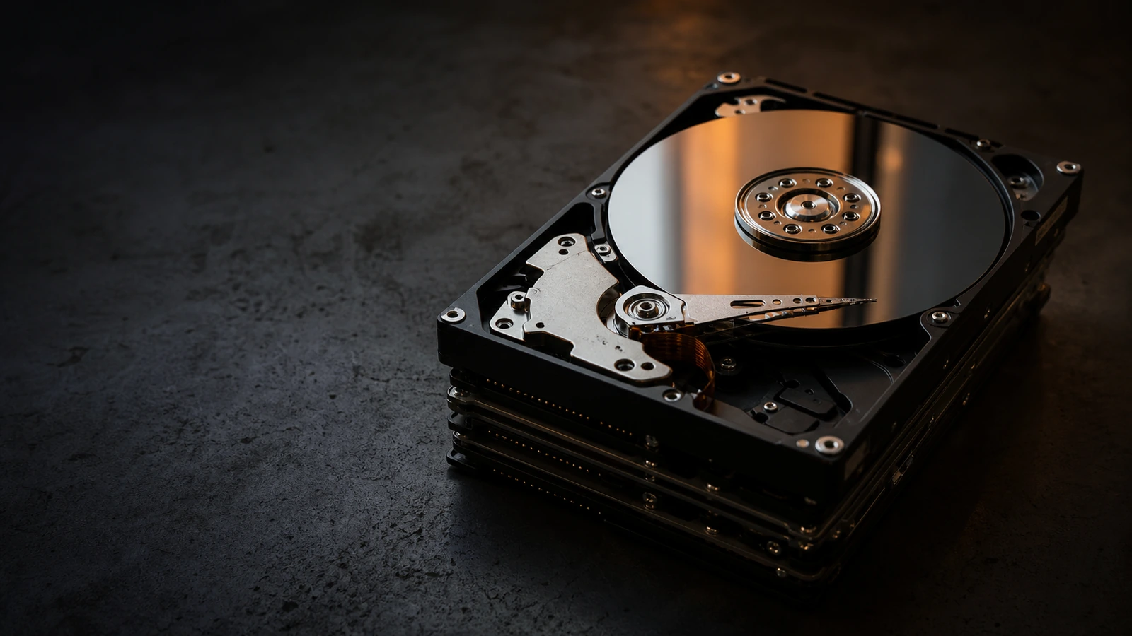 Multiple HDD platters stacked at three-quarter angle on a dark surface, partially exposed, one platter visible reflecting subtle amber light.