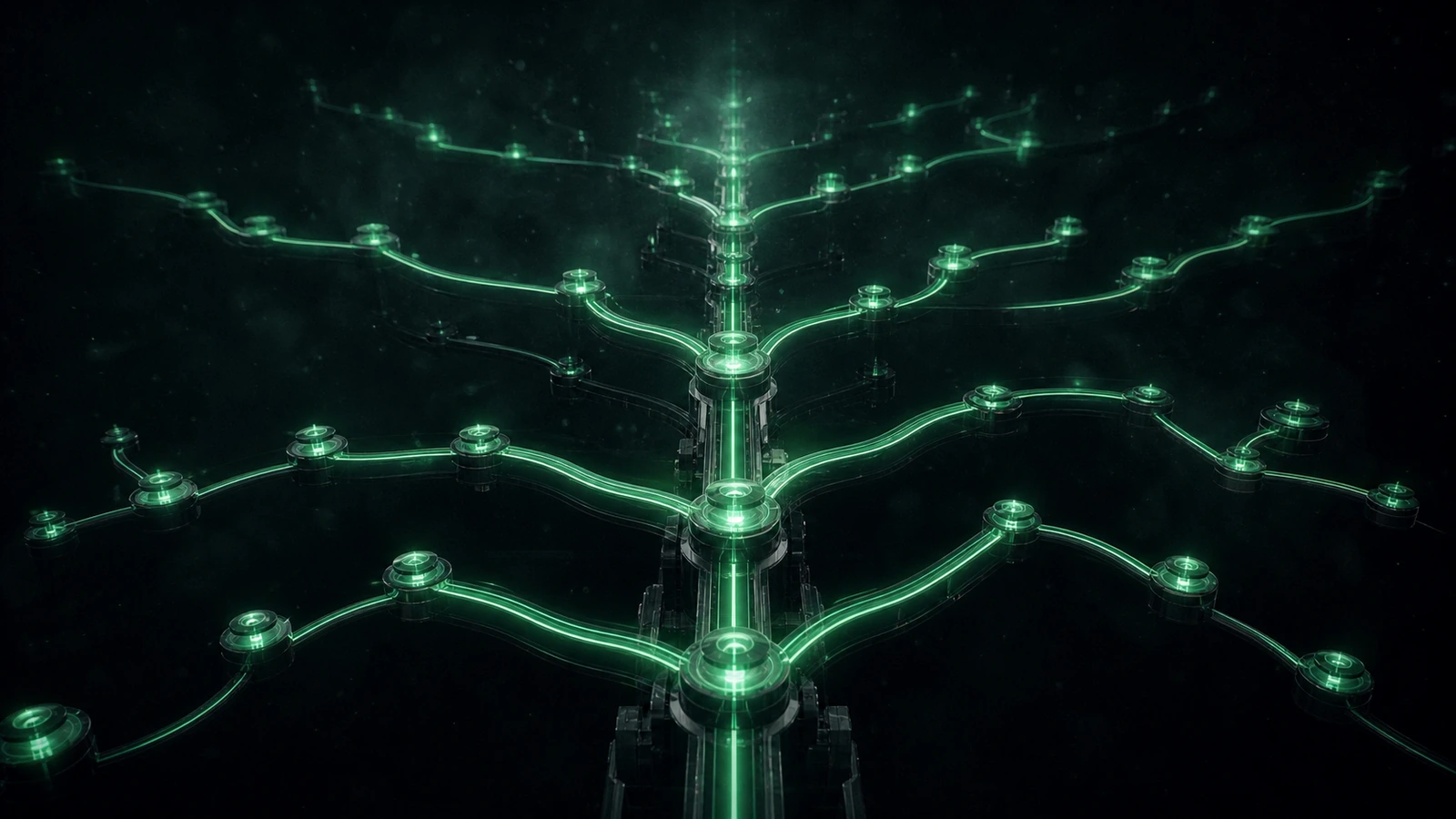 Abstract tree-branch architectural diagram with central trunk forking outward into branches, each glowing emerald-green — editorial illustration in dark space.