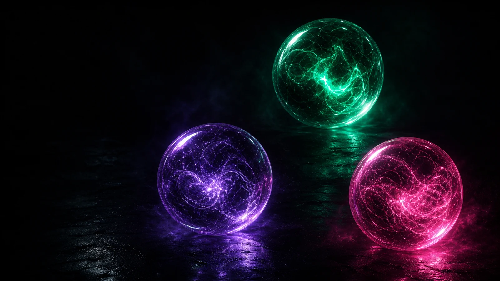 Three abstract glowing orbs arranged in a triangle in dark space — emerald-green (Neon), violet (Supabase), pink (PlanetScale).