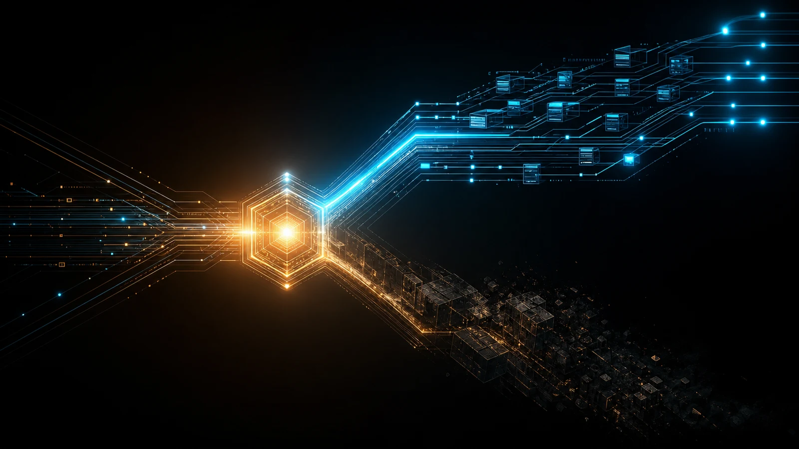 A glowing reverse-proxy node in dark space splitting into two branching paths, with structured config flow lines on one side and a faded fading branded incumbent on the other.