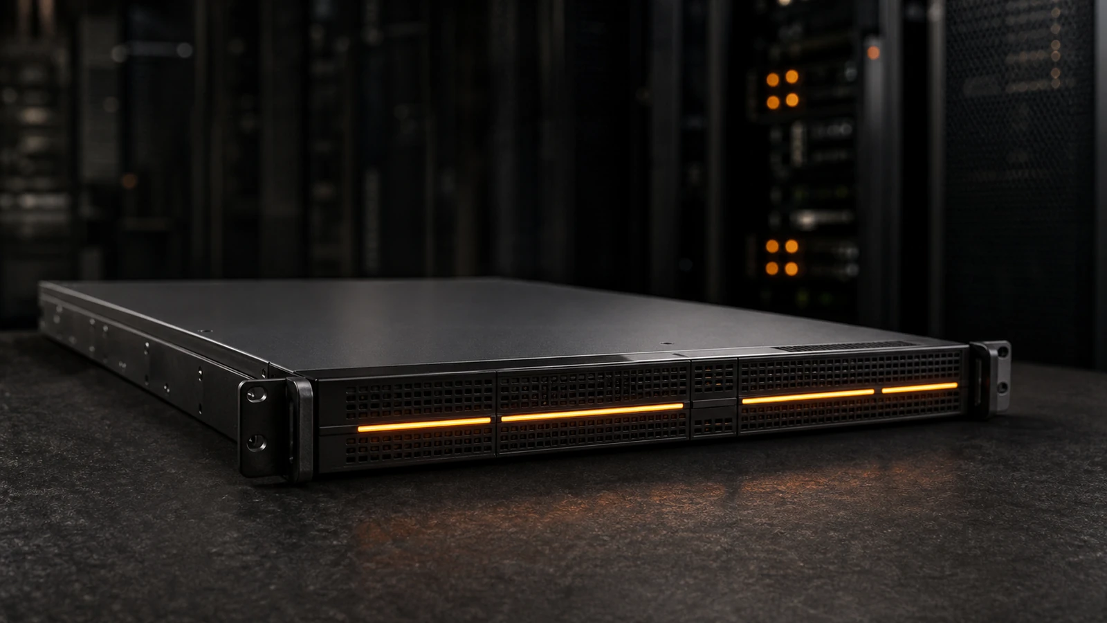 A 1U rack-mount server chassis at three-quarter angle with a thin band of warm orange LED light across the front bezel — moody industrial-premium photo.