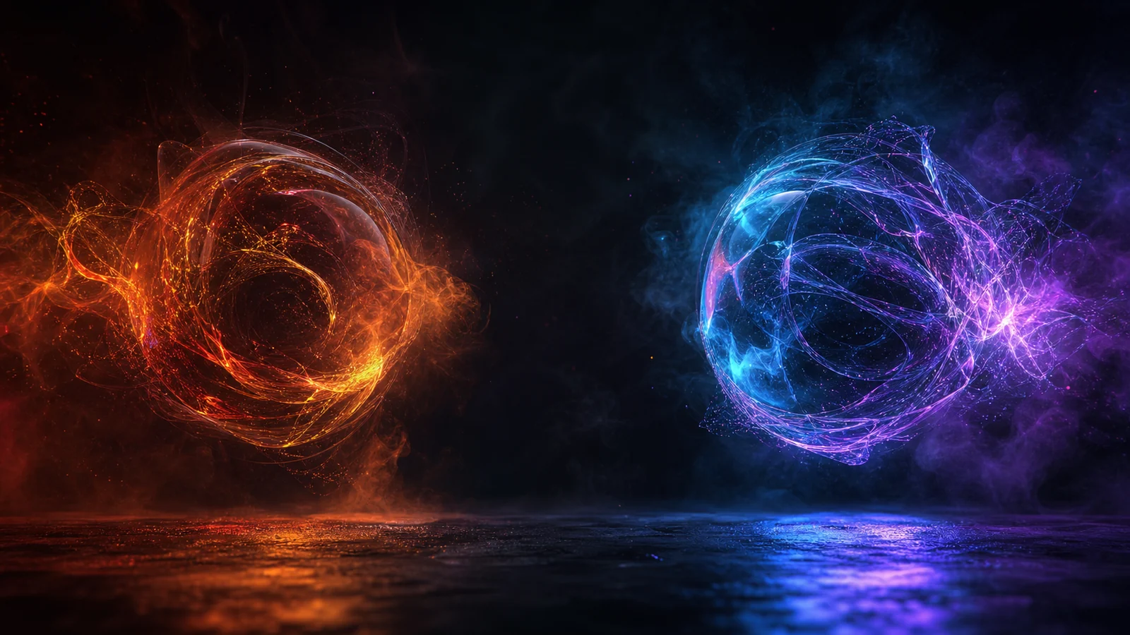 Two abstract orbs floating in dark space facing off — warm red-orange (Qwen) left, cool blue-magenta (DeepSeek) right.