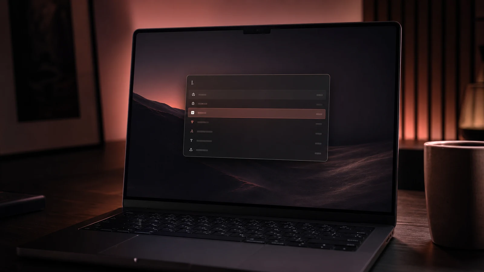 A dark MacBook on a dark desk with a single elegant command-palette interface centred on screen, soft warm rose-amber rim light from behind, coffee cup partially in frame.