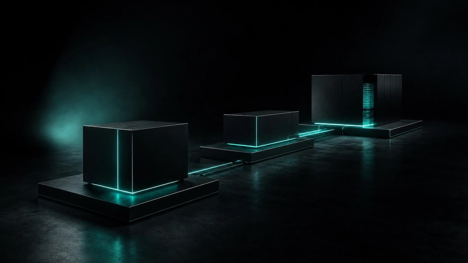Abstract minimal architectural rendering of a single elegant deployment pipeline visualisation — boxes connected by glowing teal lines in dark void.