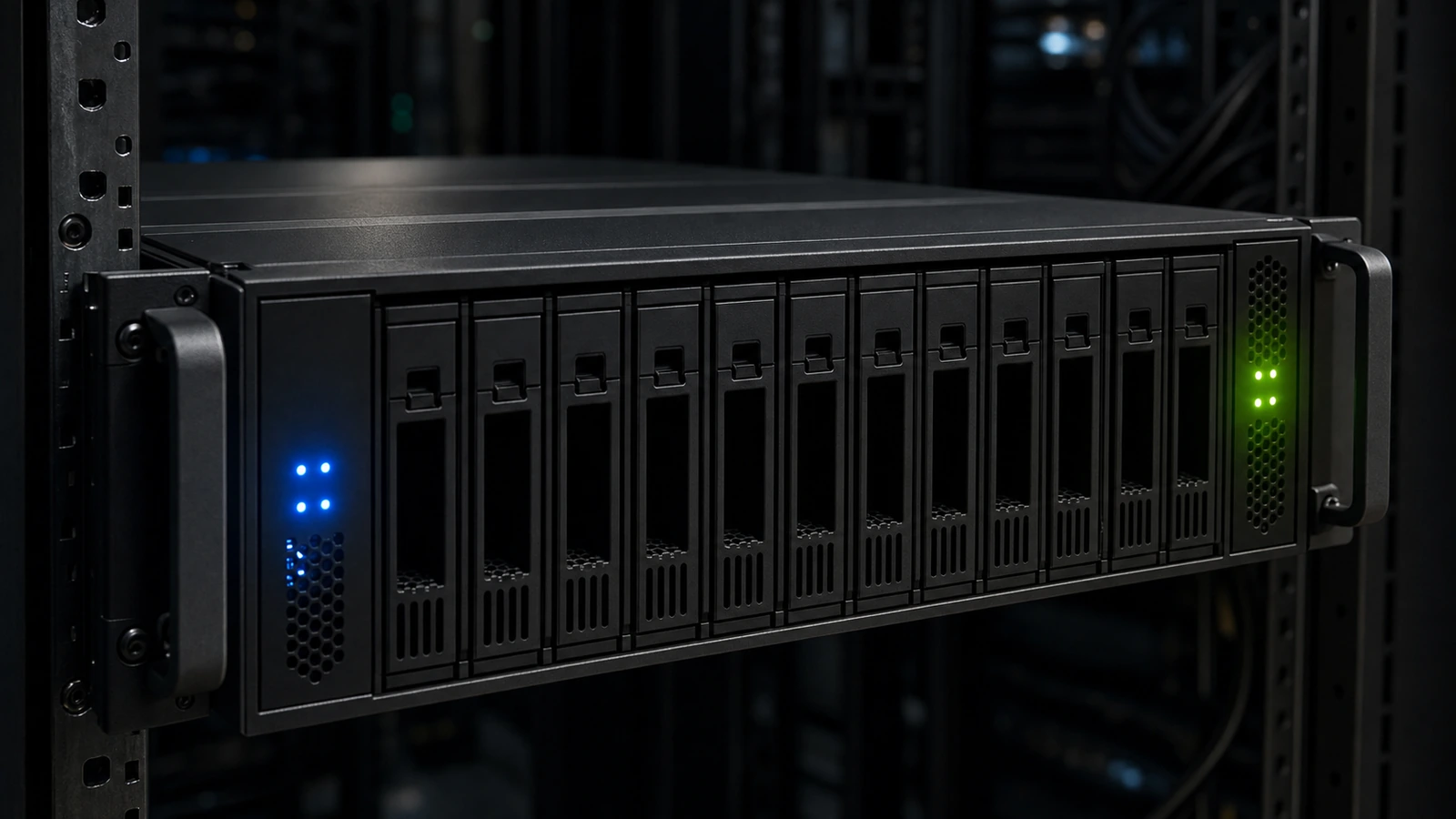 Close-up of a rack-mount 2U NAS chassis at three-quarter angle, two LED clusters glowing — cool blue (Scale/Linux) and warm green (Core/FreeBSD).
