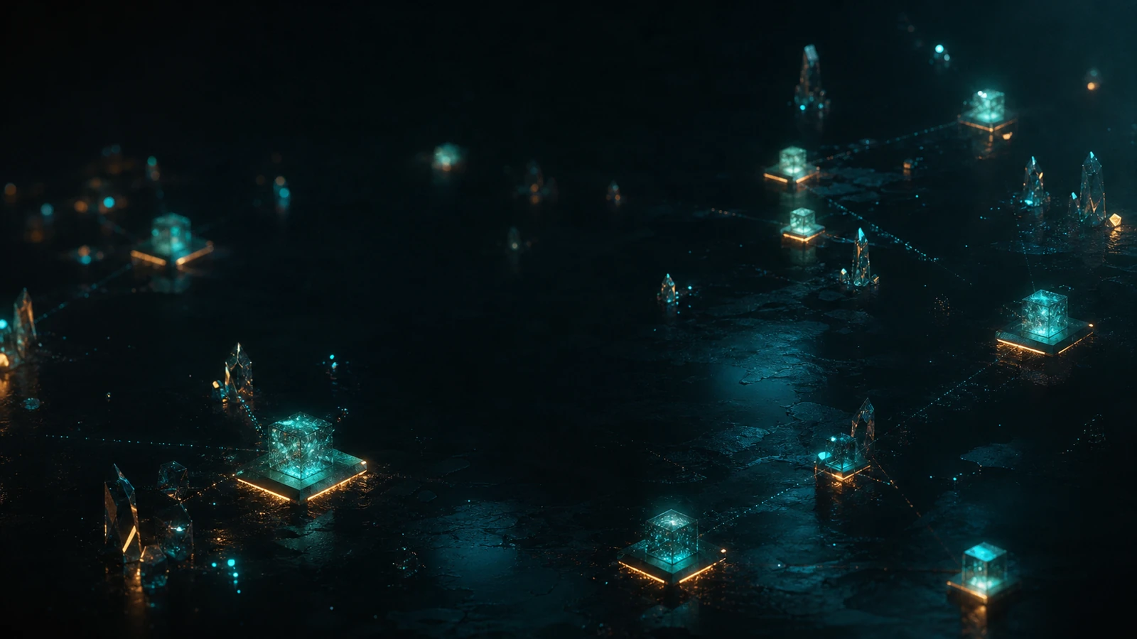 Small luminous geometric data shards arranged sparsely across dark space, each glowing with teal core and warm amber rim — suggesting distributed edge SQLite nodes.