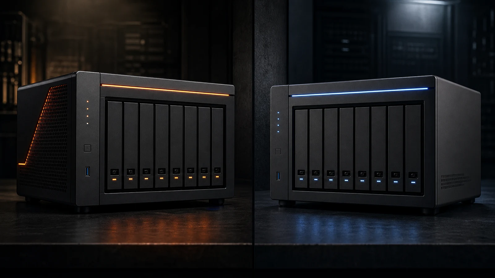 Two NAS chassis side by side at three-quarter angle — left with orange LED strip (Unraid), right with blue LED strip (TrueNAS Scale) — moody industrial premium.