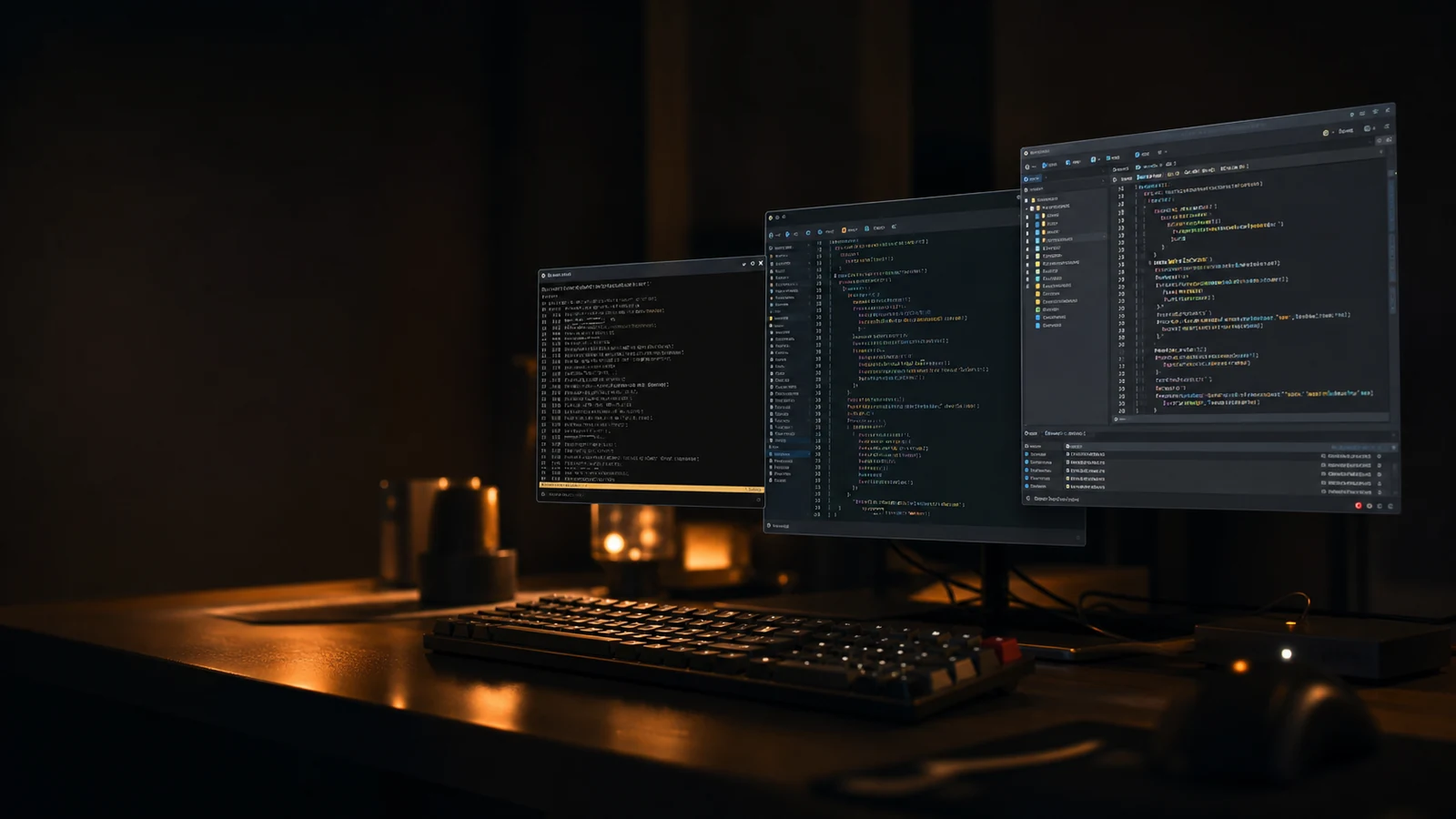 A dark desk with three small editor windows in cascade — terminal vim, helix, JetBrains-style — soft warm bokeh between them.