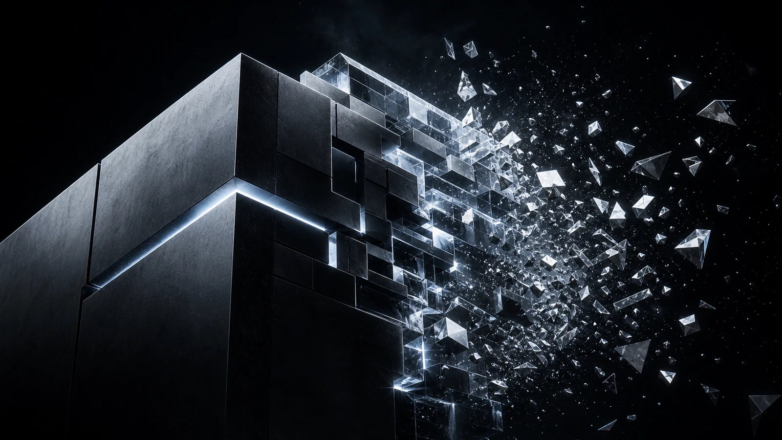 Abstract architectural rendering of geometric shapes morphing — left side cleanly geometric, right fragmenting into smaller pieces, subtle white-blue edge glow in dark void.
