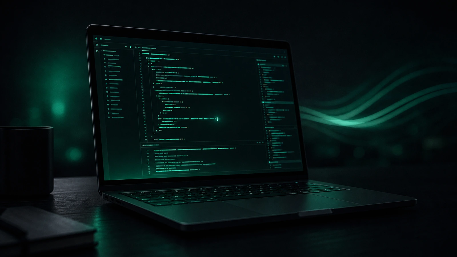A sleek dark laptop on a dark desk with emerald-green glow emanating from a code editor displayed at a three-quarter angle, subtle wave motif in bokeh.