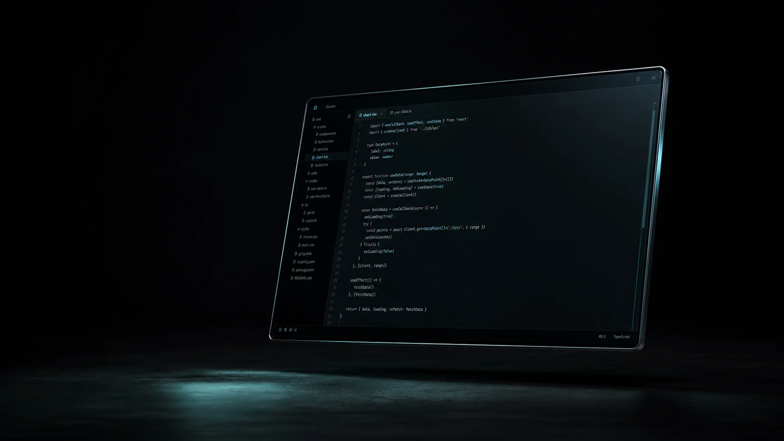 A sleek dark Zed editor display floating in dark space with clean minimalist code visible and subtle teal glow.