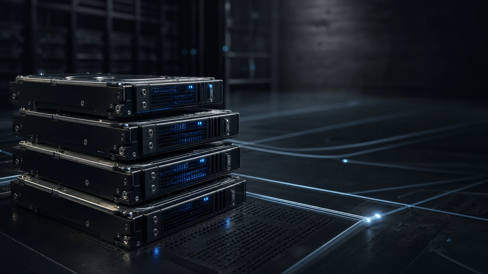 Multiple hard drives stacked with cool blue LED indicators suggesting a ZFS pool, abstract data-flow lines connecting them — moody industrial premium.